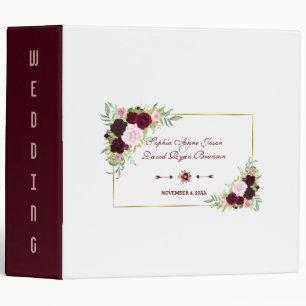 Royal Burgundy Marsala Floral Wedding 3 Ring Binder