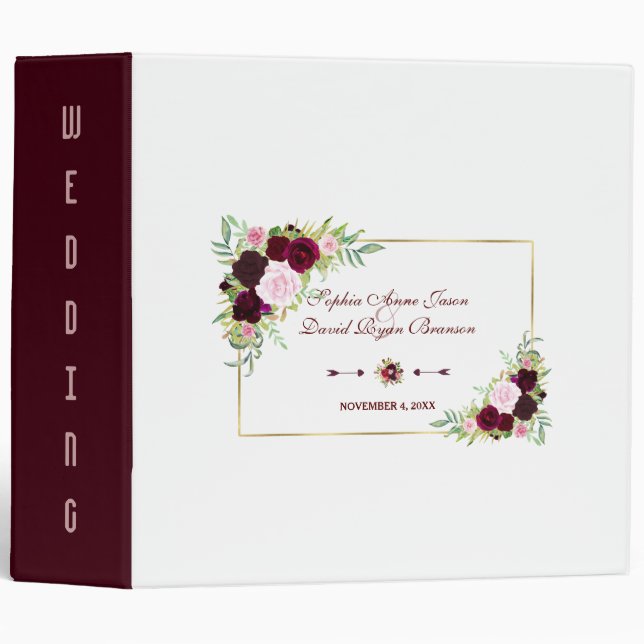 Royal Burgundy Marsala Floral Wedding 3 Ring Binder (Front/Spine)