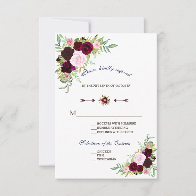 Royal Burgundy Marsala Floral Wedding RSVP (Front)