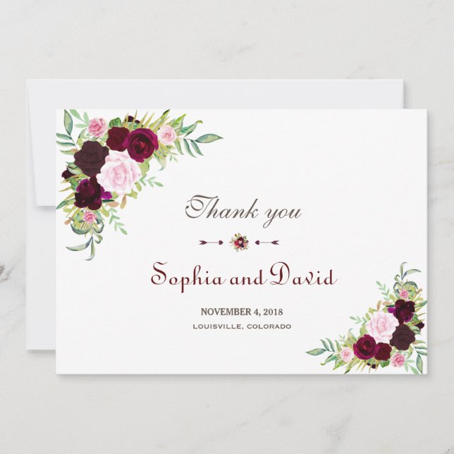 Royal Burgundy Marsala Floral Wedding Thank you (Front)