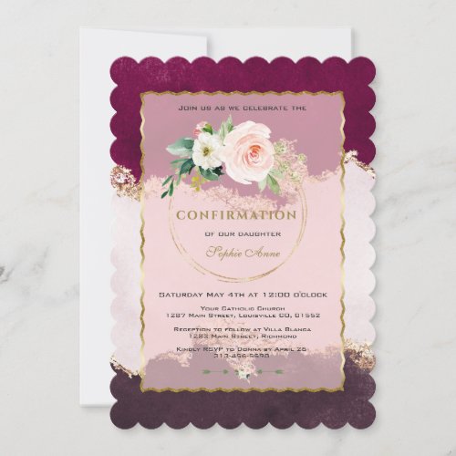Royal Burgundy Pink Blush Floral Gold Confirmation Invitation