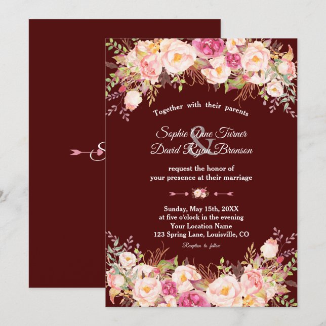Royal Burgundy Pink Blush Flowers Wedding Invitation (Front/Back)