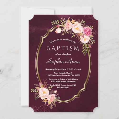 Royal Burgundy Pink Floral Gold Frame Girl Baptism Invitation