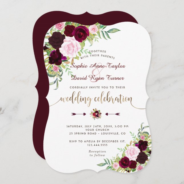 Royal Burgundy Pink Floral Gold Wedding Invitation (Front/Back)