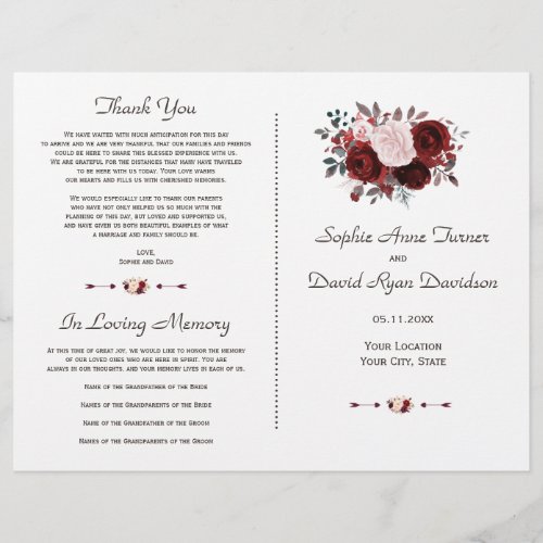 Royal Burgundy Pink Floral Gold Wedding Program