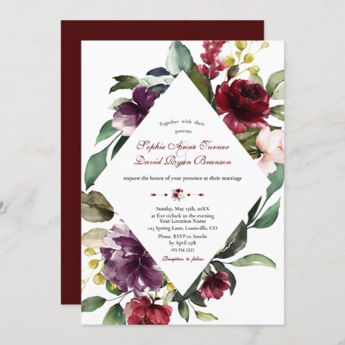 Royal Burgundy Plum Blush Flowers Wedding Invitation