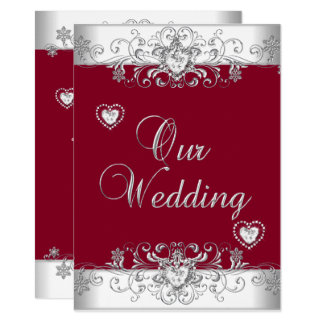 Royal Burgundy Red Wedding Silver Diamond Hearts Invitation