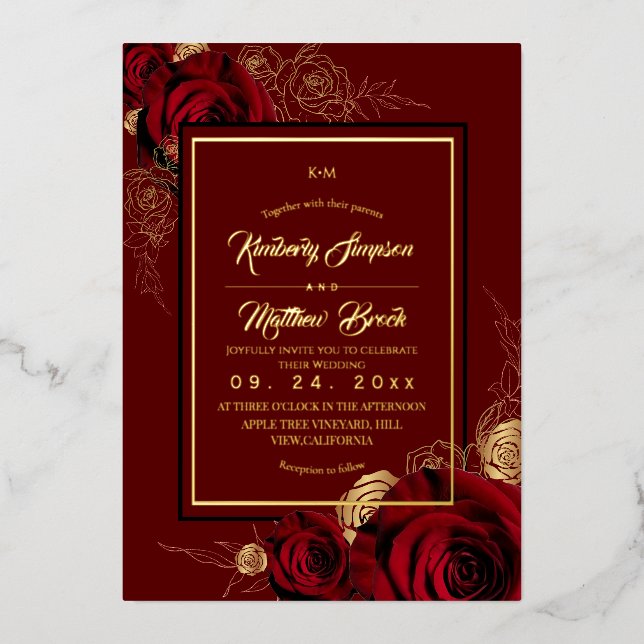 Royal Burgundy Roses Boho Wedding Foil Invitation (Front)