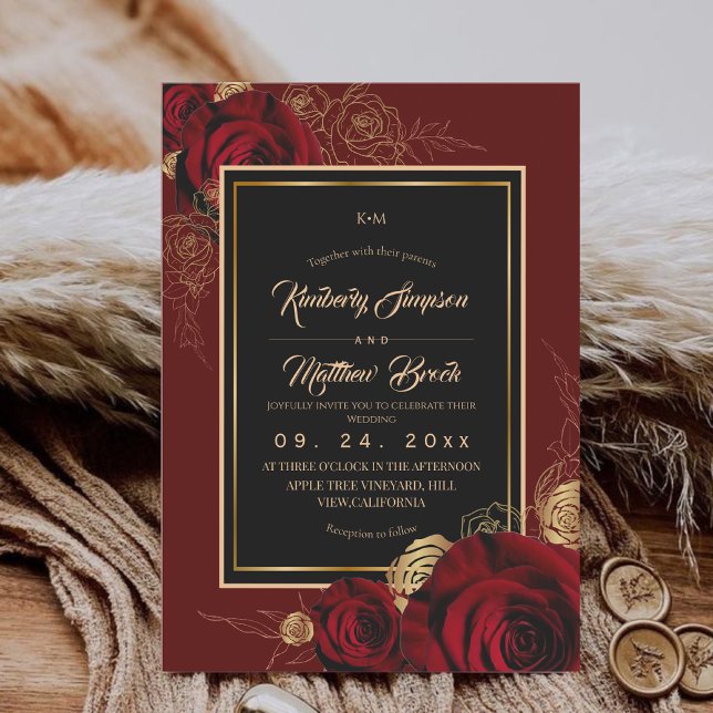 Royal Burgundy Roses Boho Wedding Invitation (Creator Uploaded)