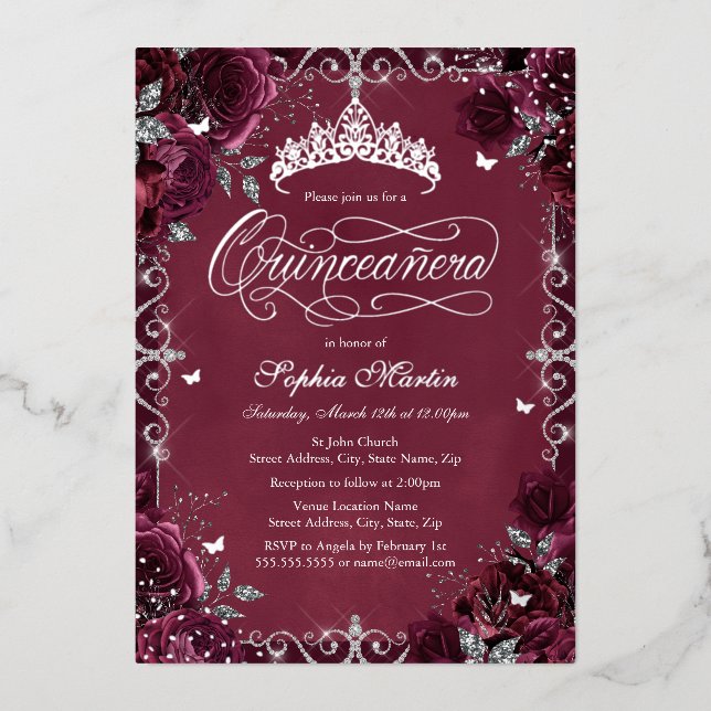 Royal Burgundy Silver Butterfly Rose Quinceanera Foil Invitation (Front)