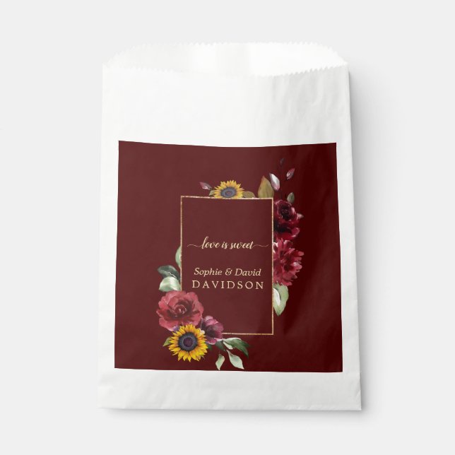 Royal Burgundy Sunflower Gold Wedding Favor Bag (Front)