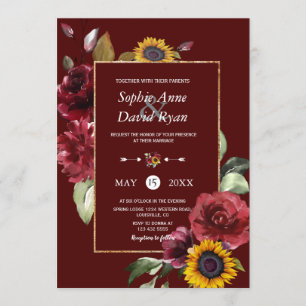 Royal Burgundy Sunflower Gold Wedding Invitation