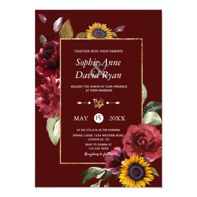 Royal Burgundy Sunflower Gold Wedding Invitation
