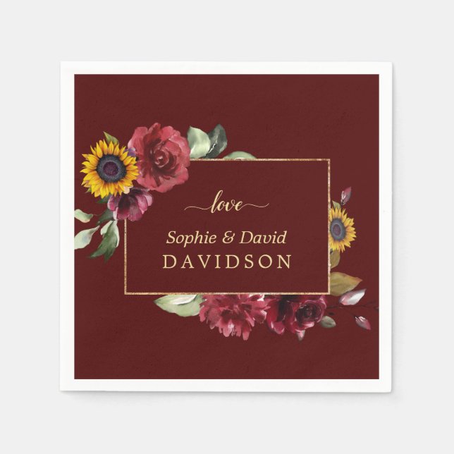 Royal Burgundy Sunflower Gold Wedding Napkins (Front)