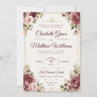 Royal Burgundy Watercolor Floral Wedding Invitatio Invitation