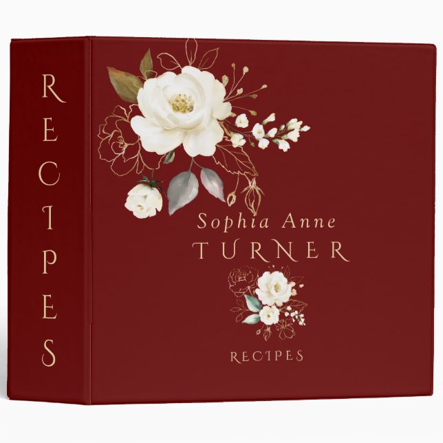 Royal Burgundy White Gold Floral Monogram Recipes 3 Ring Binder (Front/Spine)