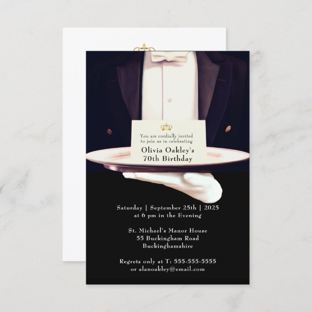 Royal Butler Silver Platter Birthday Party Invitation (Front/Back)
