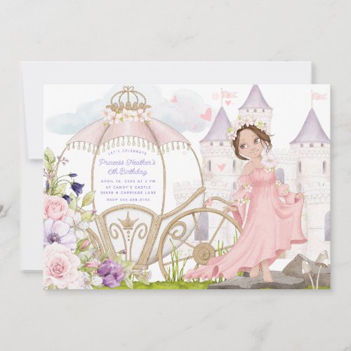 Royal Carriage  Brunette Princess Birthday Invitation