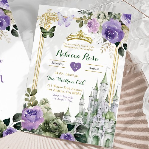 Royal Castle Lilac Purple Sage Green Quinceaera Invitation