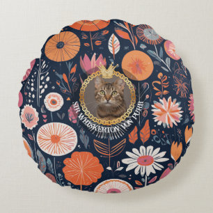 Royal Cat Dark Navy Floral Aristocrat Pattern Art Round Pillow