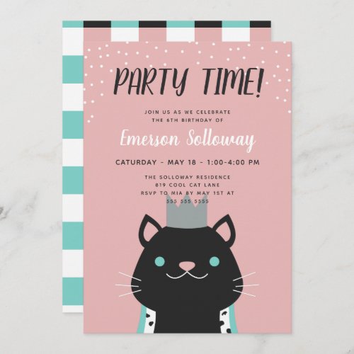 Royal Cat Pink Kids Birthday Party Invitation