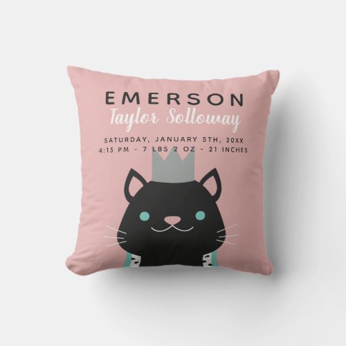 Royal Cat with Crown Birth Stats Throw Pillow