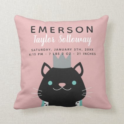 Royal Cat with Crown Birth Stats Throw Pillow