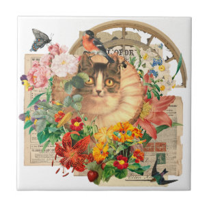 Royal Cat with Friend Bird and Wildflowers Ceramic Tile