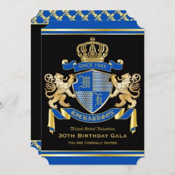 Royal Coat Of Arms Blue Gold Lion Emblem Birthday Invitation by BCVintageLove at Zazzle