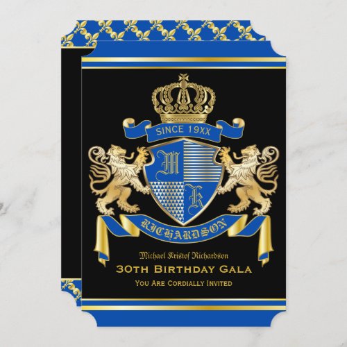 Royal Coat of Arms Blue Gold Lion Emblem Birthday Invitation
