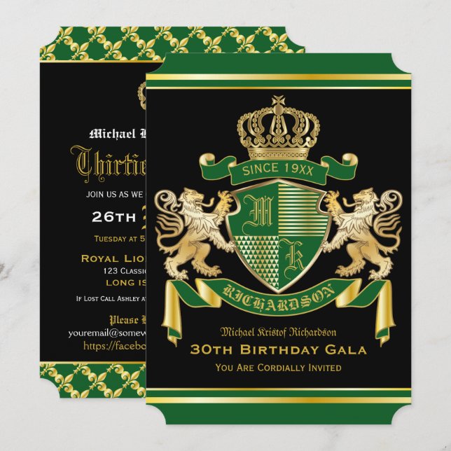 Royal Coat of Arms Green Gold Lion Emblem Birthday Invitation (Front/Back)