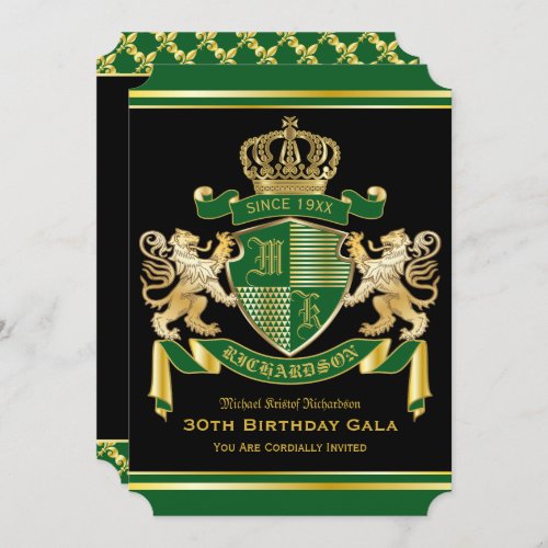 Royal Coat of Arms Green Gold Lion Emblem Birthday Invitation