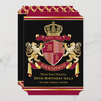 Royal Coat Of Arms Red Gold Lion Emblem Birthday Invitation by BCVintageLove at Zazzle