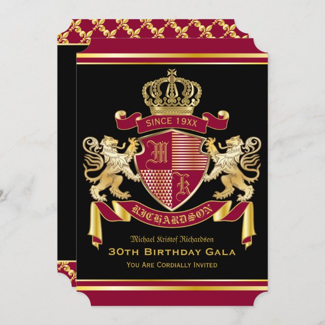 Royal Coat of Arms Red Gold Lion Emblem Birthday Invitation (Front/Back)
