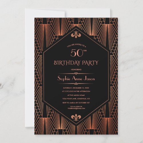 Royal Copper Black Great Gatsby 20s Birthday Party Invitation