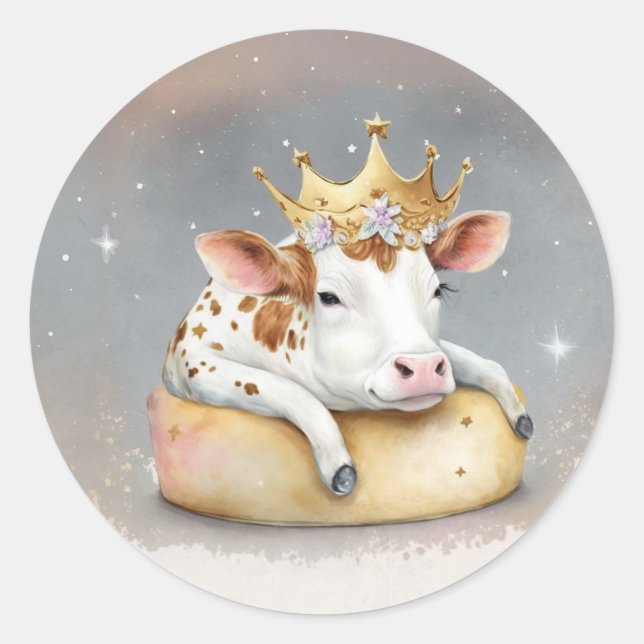 Royal Cow Dreaming on Cheese Throne                Classic Round Sticker (Front)