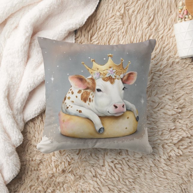 Royal Cow Dreaming on Cheese Throne                Throw Pillow (Blanket)