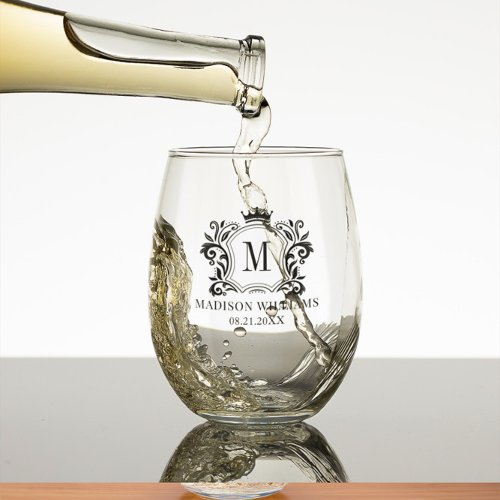 Royal Crest Crown Scrolls Monogram Stemless Wine Glass