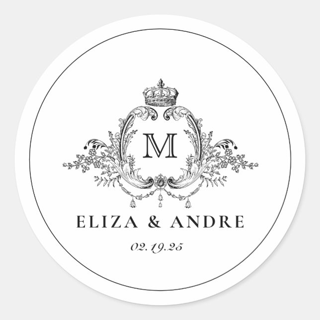 Royal Crest Elegant Wreath Monogram Wedding  Classic Round Sticker (Front)