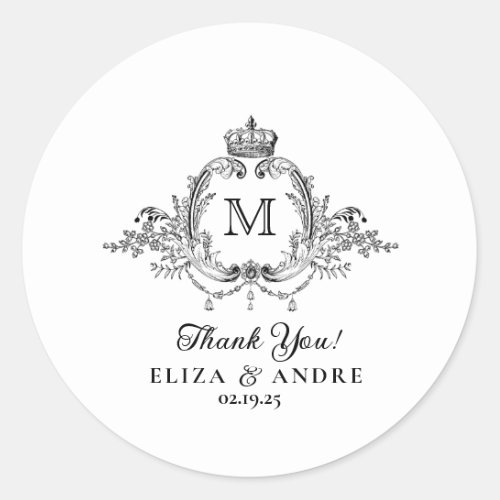 Royal Crest Elegant Wreath Monogram Wedding  Classic Round Sticker