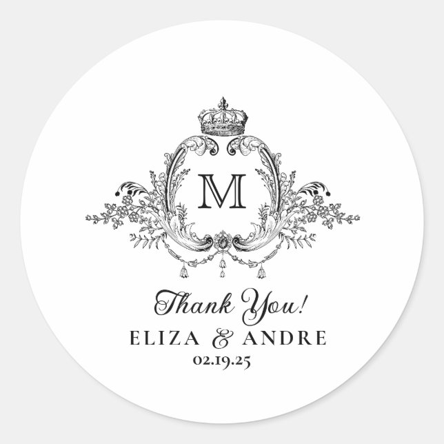 Royal Crest Elegant Wreath Monogram Wedding  Classic Round Sticker (Front)