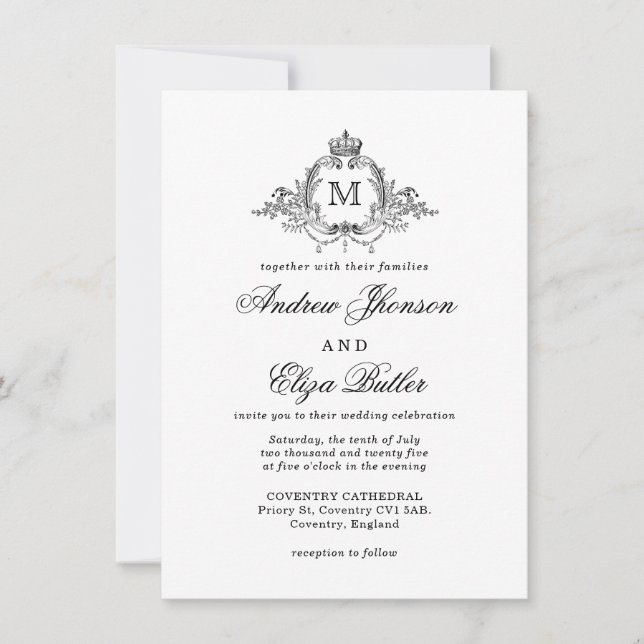 Royal Crest Elegant Wreath Monogram Wedding  Invitation (Front)