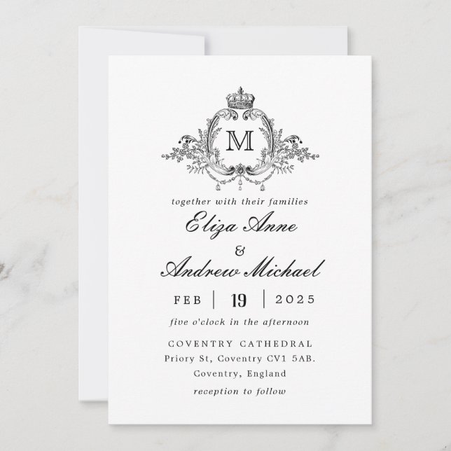 Royal Crest Elegant Wreath Monogram Wedding Invitation (Front)