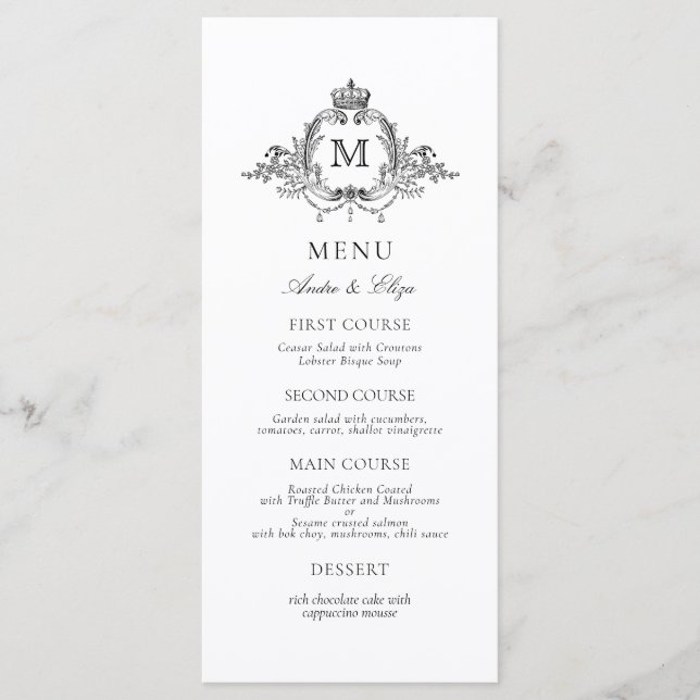 Royal Crest Elegant Wreath Monogram Wedding  Menu (Front)