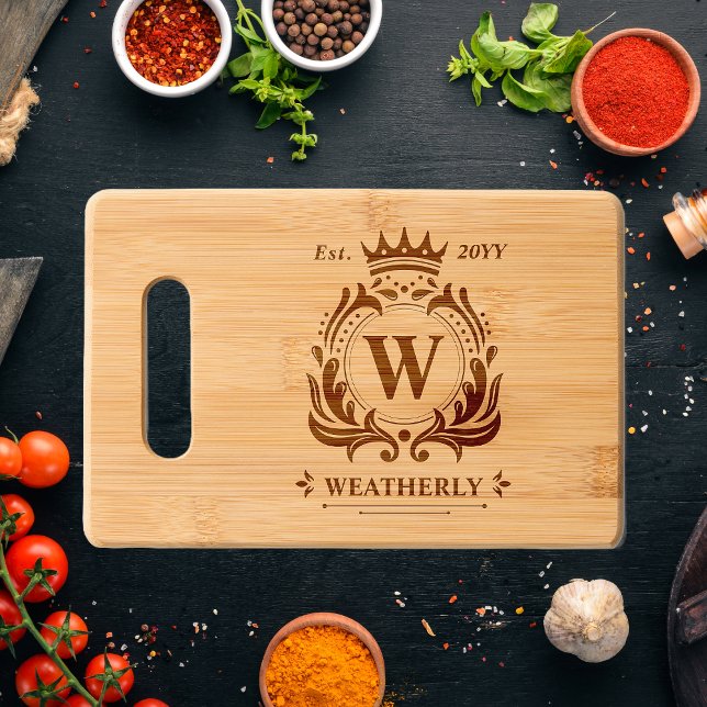 Royal Crest Emblem Monogram | Family Name Engraved Cutting Board (Royal Crest with Crown Monogram and Family Name  | Year Established Bamboo Engraved Cutting Board)