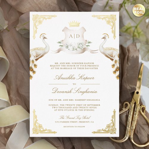 Royal Crest Indian White Peacock Wedding Gold Foil Invitation