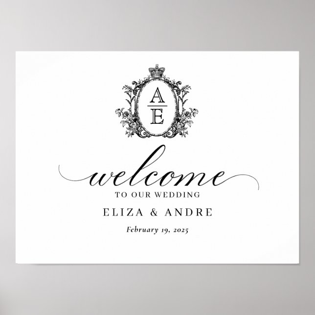 Royal Crest Monogram Black and White Wedding Poster (Front)