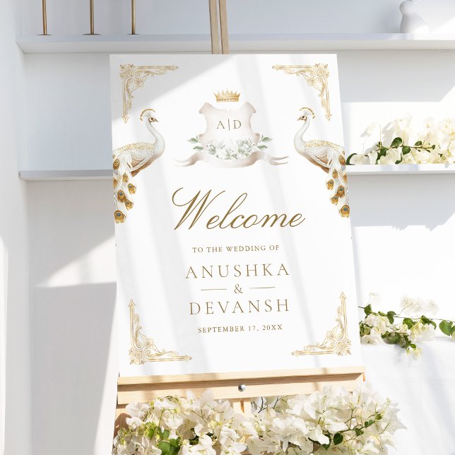 Royal Crest White Peacock Wedding Welcome Sign (Creator Uploaded)