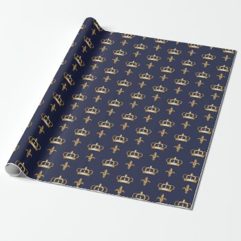 Royal Crown And Fleur De Lis Pattern On Blue Wrapping Paper by MissMatching at Zazzle