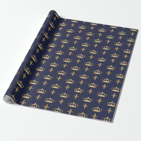 Royal Crown And Fleur De Lis Pattern On Blue Wrapping Paper